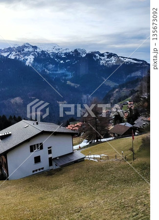Interlaken, Switzerland - March 18 2023: Surrounding View of Mountanious Interlaken Interlaken, Switzerland - March 18 2023: Surrounding View of Mountanious Interlaken 135673092