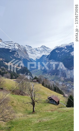 Interlaken,  Switzerland - March 18 2023: Surrounding View of Mountanious Interlaken 135673098