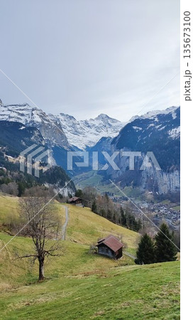Interlaken,  Switzerland - March 18 2023: Surrounding View of Mountanious Interlaken 135673100