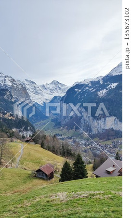Interlaken,  Switzerland - March 18 2023: Surrounding View of Mountanious Interlaken 135673102