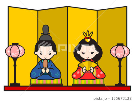桃の節句 ひな祭りのイラスト屏風の前の お雛様とお内裏様 135673128