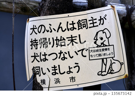 日本の横浜都市景観「犬のふんは飼主が持帰り始末し犬はつないで飼いましょう」「犬は終生愛情…＝横浜市内 135673142