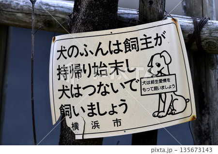 日本の横浜都市景観「犬のふんは飼主が持帰り始末し犬はつないで飼いましょう」「犬は終生愛情…=横浜市内 日本の横浜都市景観「犬のふんは飼主が持帰り始末し犬はつないで飼いましょう」「犬は終生愛情…=横浜市内 135673143