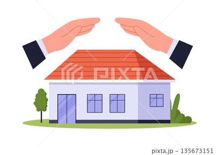 Two Hands Forming a Protective Roof Over a House Illustration Two Hands Forming a Protective Roof Over a House Illustration 135673151