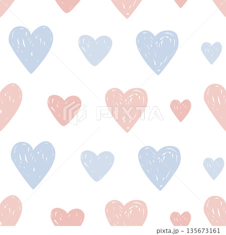 Pink and blue hand drawn hearts seamless pattern. Gender Party Baby Boy or Girl Reveal Background. Nursery Cute Backdrop, Vector illustration 135673161