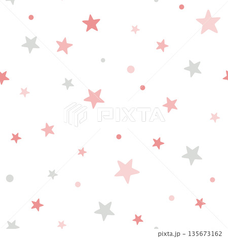 Cute simple seamless pattern with stars in pastel pink and grey colors. Vector hand-drawn flat illustration. Perfect for print, wrapping paper, wallpaper, fabric, textile. Childish design. 135673162