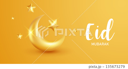 Vector background "Eid Mubarak and Ramadan Kareem" with a golden crescent moon. Beautiful illustration. Vector background "Eid Mubarak and Ramadan Kareem" with a golden crescent moon. Beautiful illustration. 135673279