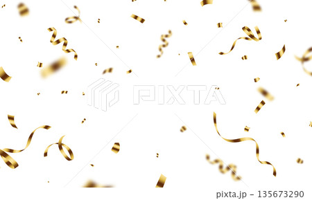 The background is adorned with bright gold confetti, perfect for celebrations. A beautiful festive decoration vector illustration. 135673290