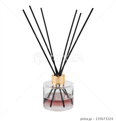 Black incense sticks in a transparent bottle isolated on white background 135673324