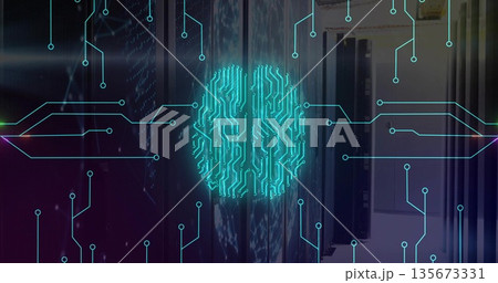 Glowing holographic fingerprint icon hovering in server room aisle, with racks and LED indicators 135673331