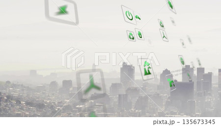 Floating interface icons hovering over urban skyline, showing green power recycle node tree motifs Floating interface icons hovering over urban skyline, showing green power recycle node tree motifs 135673345