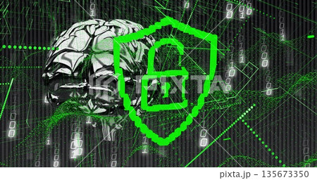 Displaying metallic brain streaming code in landscape, revealing green shield and unlocked padlock Displaying metallic brain streaming code in landscape, revealing green shield and unlocked padlock 135673350
