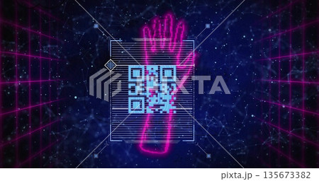 Neon pink hand silhouette scanning in magenta grid, with translucent interface framing blue QR code 135673382