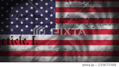 Showing weathered American flag with constitutional script overlay and tree-branch shadows 135673389