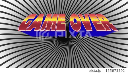 Displaying bold 3D GAME OVER text against spiral optical illusion background, retro game aesthetic Displaying bold 3D GAME OVER text against spiral optical illusion background, retro game aesthetic 135673392