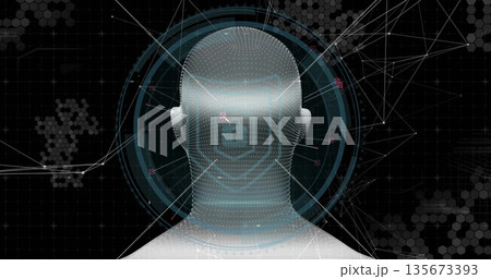 3D head silhouette rotating in virtual interface, with HUD rings, hexagon grid and network nodes 3D head silhouette rotating in virtual interface, with HUD rings, hexagon grid and network nodes 135673393