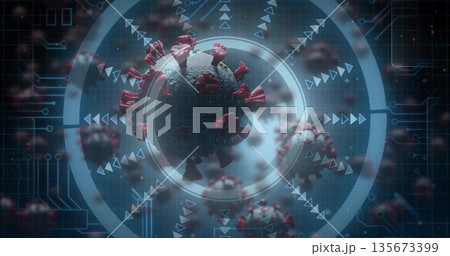 Displaying virus particle floating within lab interface, with red spikes, data rings and arrows 135673399