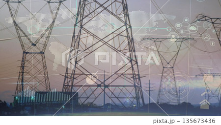 Showing high-voltage lattice tower transmitting power over plain at dusk, with digital data overlay Showing high-voltage lattice tower transmitting power over plain at dusk, with digital data overlay 135673436