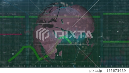 Displaying 3D data globe on dashboard with network lines over code grid and green graphs 135673489