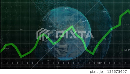 Displaying dashboard showing green zigzag graph crossing blue Earth globe on dark grid, with labels Displaying dashboard showing green zigzag graph crossing blue Earth globe on dark grid, with labels 135673497