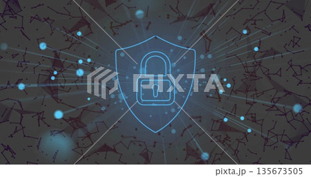 Displaying glowing padlock inside shield at center of network with blue dots rays lines and nodes Displaying glowing padlock inside shield at center of network with blue dots rays lines and nodes 135673505