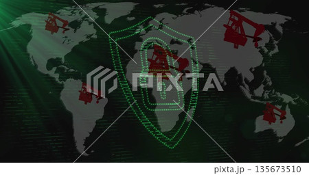 Displaying green shield protecting oil over world map, with padlock, data streams, red pump jacks Displaying green shield protecting oil over world map, with padlock, data streams, red pump jacks 135673510