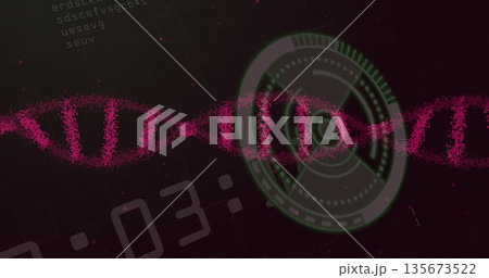 Presenting pink DNA double helix stretching in grid interface with green circular HUD data strings Presenting pink DNA double helix stretching in grid interface with green circular HUD data strings 135673522