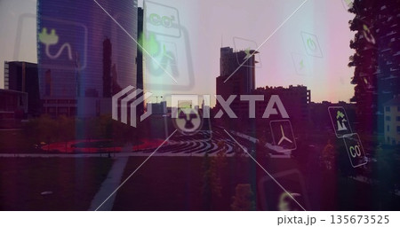 Showcasing dusk city skyline over park with tiered seating, glass tower, with floating energy icons Showcasing dusk city skyline over park with tiered seating, glass tower, with floating energy icons 135673525