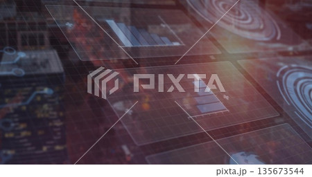 Displaying translucent UI panel showing vertical bar chart at night skyline, with holographic dials 135673544