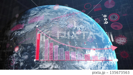 Earth globe showing falling red-pink bar-chart with dotted arrow, grid infographics and virus icons 135673563