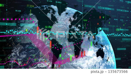 Presenting Earth globe with data overlays in space, with candlesticks, line graphs, floating points 135673566