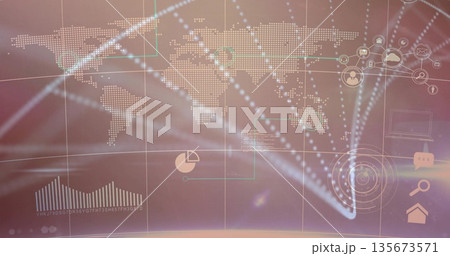 Showing dotted world map over grid lines, code blocks on digital dashboard, with charts and icons 135673571