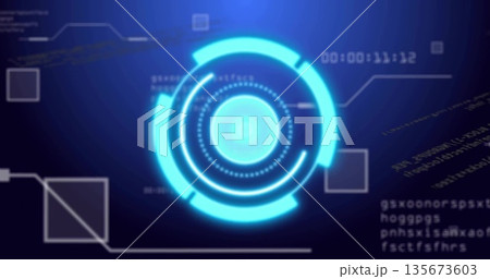Showing blue HUD element on scifi interface, with arcs, data lines, code strings and timestamp 135673603