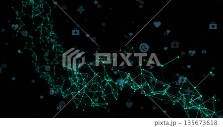 Forming glowing green network in virtual space, lines connecting nodes with floating medical icons Forming glowing green network in virtual space, lines connecting nodes with floating medical icons 135673618