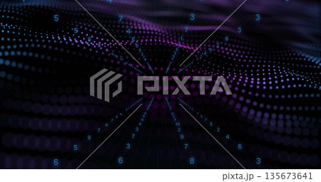 Displaying purple-blue dot grid flowing along gridlines in virtual 3D, with floating cyan numerals 135673641