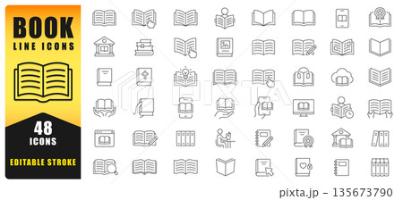 Book Line Icon Set Featuring Reading, Education, Library, Learning, Digital Books, Study, Knowledge And Literature Concepts With Editable Stroke Design For Web, App And Print Use. Isolated Vector Icon Book Line Icon Set Featuring Reading, Education, Library, Learning, Digital Books, Study, Knowledge And Literature Concepts With Editable Stroke Design For Web, App And Print Use. Isolated Vector Icon 135673790