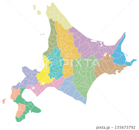分割できる北海道地図　振興局色分け　 135673792