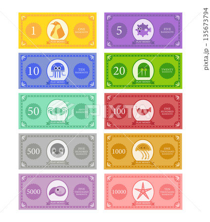 Money for game on a white background,Printable play money from 1 to 10000.banknotes design,Vector illustrations. Money for game on a white background,Printable play money from 1 to 10000.banknotes design,Vector illustrations. 135673794