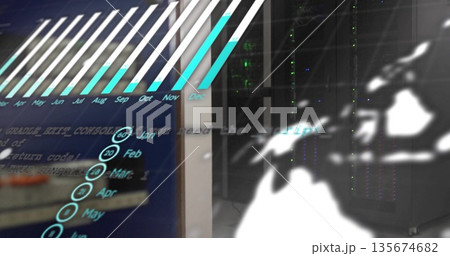 Displaying translucent panel showing bar chart in server room, with racks and LEDs, copy space Displaying translucent panel showing bar chart in server room, with racks and LEDs, copy space 135674682