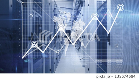 Showcasing long narrow data center corridor with server racks, LED lights and analytics overlay 135674684