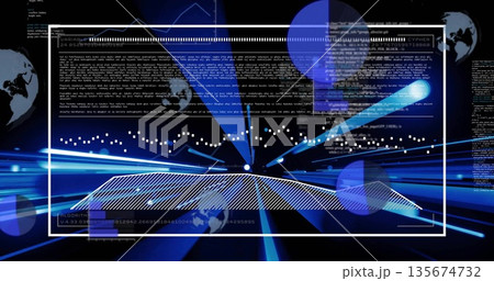 Showing digital interface panel streaming code, line graph overlays in cyberspace with glowing grid 135674732