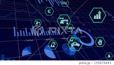 Displaying green hexagon icons and charts on virtual dashboard, with CO? and economic arrow Displaying green hexagon icons and charts on virtual dashboard, with CO? and economic arrow 135674843