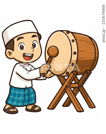 Cartoon illustration of a Muslim boy playing the bedug 135674900
