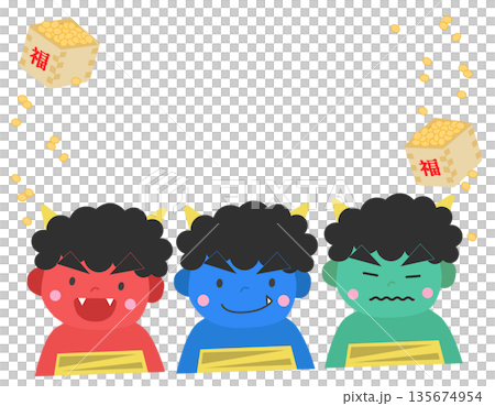 節分素材：三個惡魔和幸運豆邊框背景素材 135674954