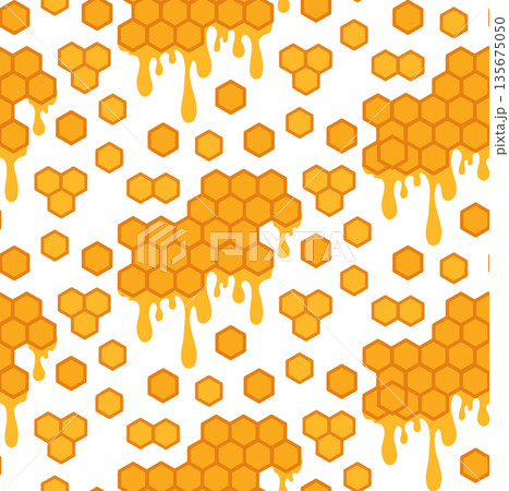 Vector seamless pattern with honeycombs and honey on white background. Cartoon texture with hexagon and honey drops Vector seamless pattern with honeycombs and honey on white background. Cartoon texture with hexagon and honey drops 135675050