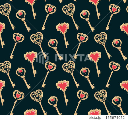 Vector seamless pattern with forged golden keys with hearts. Valentine Day texture with gothic metal keys on dark background 135675052