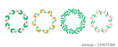 Flowers and herbs create round wreaths 135675366