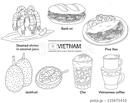 ベトナムの代表的な料理と名物グルメのモノクロ線画イラスト|観光、旅行、食文化 ベトナムの代表的な料理と名物グルメのモノクロ線画イラスト|観光、旅行、食文化 135675410