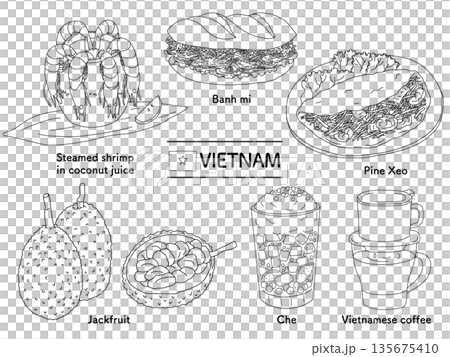 Monochrome line drawing illustrations of typical Vietnamese dishes and gourmet specialties | Tourism, travel, food culture 135675410