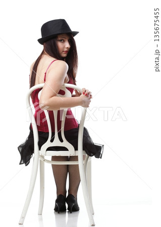 showgirl woman dance in red corset chair white isolated showgirl woman dance in red corset chair white isolated 135675455